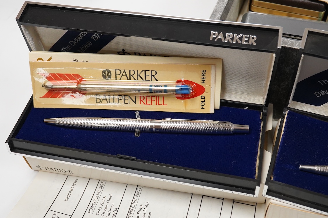 A folder of Parker and Sheaffer pens and ball pens, mostly boxed and a Parker Pen box containing eight items